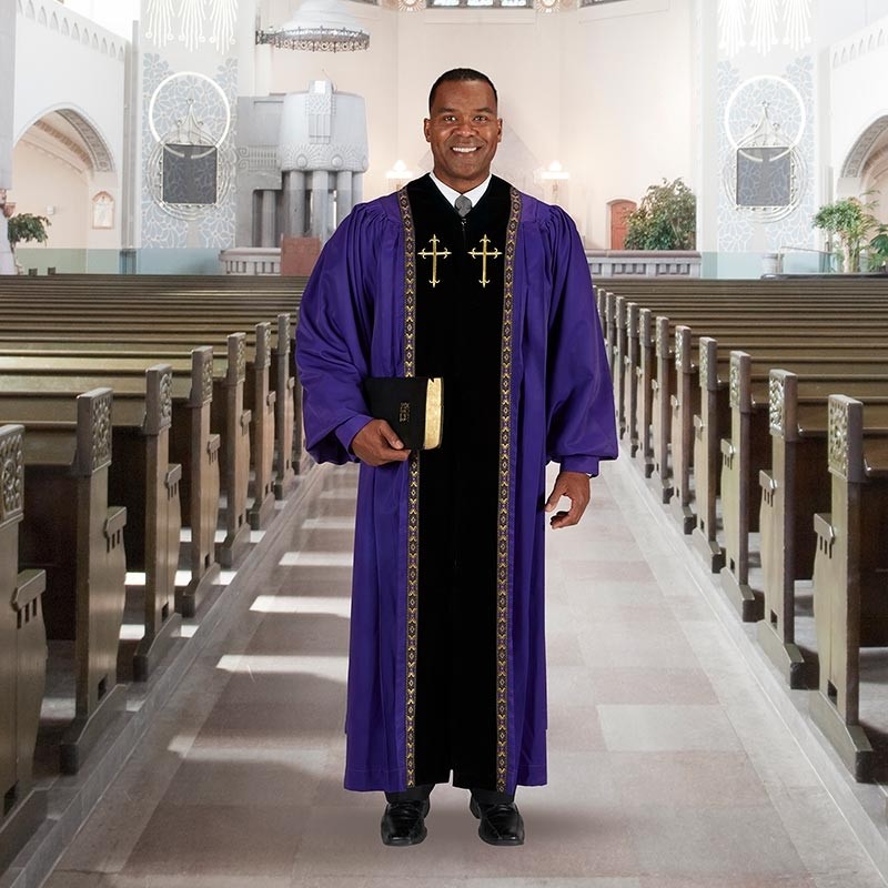 Buy Purple Clergy Robe with Crosses On Sale, Purple Clergy Robes for Sale, Purple Pastor Robes